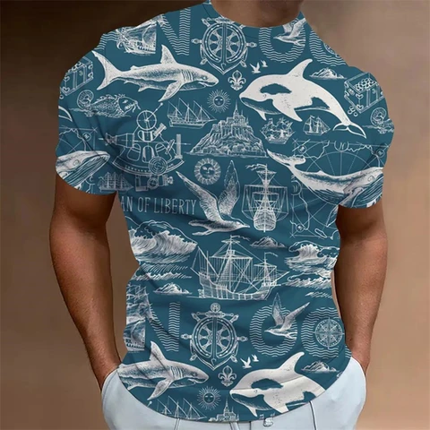 Модные футболки с морской графикой, летние повседневные футболки с коротким рукавом, простые мужские футболки с 3D принтом, трендовые уличные футболки большого размера