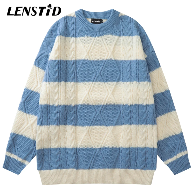 

LENSTID Autumn Men Knitted Jumper Sweaters Hip Hop Twist Striped Vintage Streetwear Harajuku Casual Knit Pullover Hipster Clothe