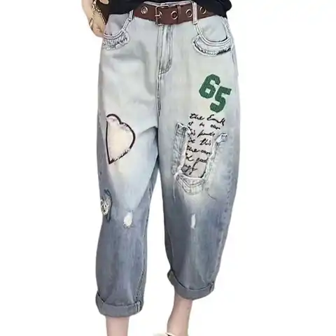 2023 Summer New Korean Fashion Women Loose Hole Jeans All-matched Casual Vintage Embroidery Cotton Denim Harem Pants C704