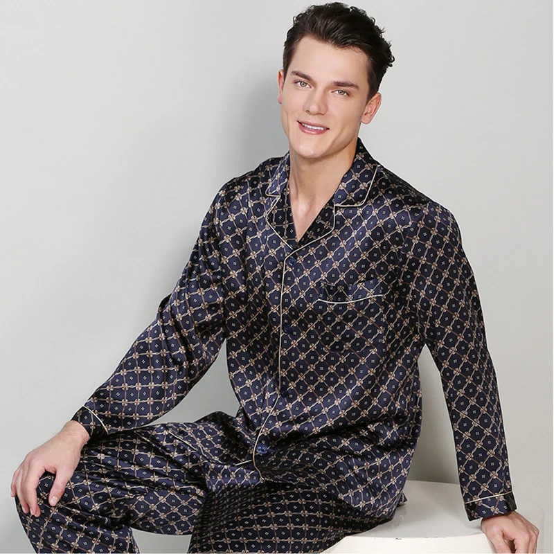 Birdsky, 1PC Men pajamas pijamas pajama pj set men nightwear long sleeve sleepwear 100% mulberry silk satin geometry, S-324