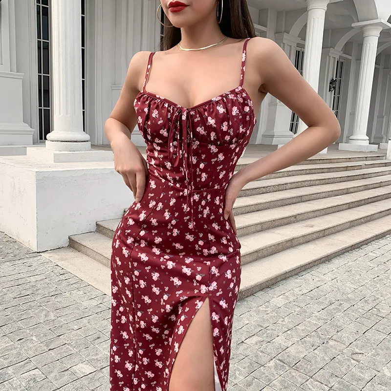 

BEENLE 2022 Spring Summer Women New Fashion Sexy Sling Slit Floral Dress Korean Sleeveless Camisole Pleated Backless Long Dress