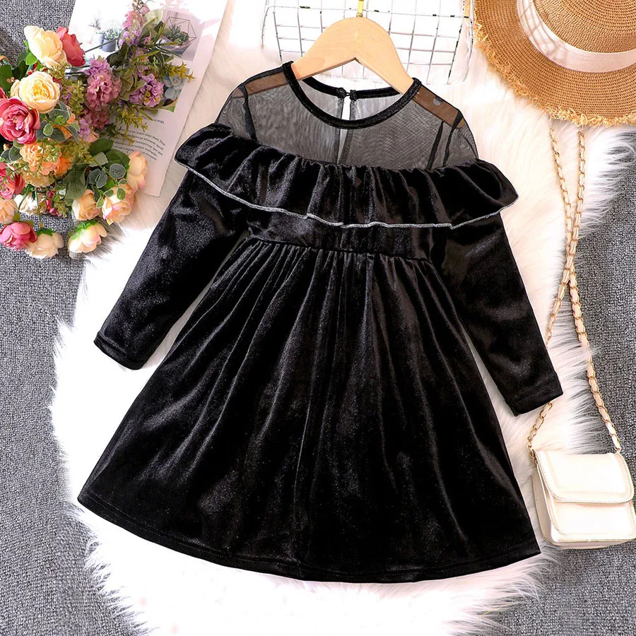 

Black Velvet Dresses For Girls 2023 Autumn Winter Kids Clothing Vintage O-Neck Long Sleeve Dress Party Evening Costume Children
