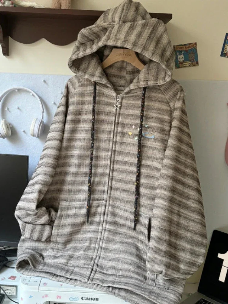 QWEEK Y2k Kawaii полосатый кардиган оверсайз японский Harajuku свободный осень 2024 милый