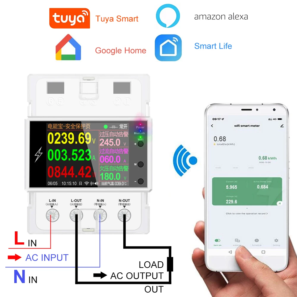 

AT4PW 100A Tuya WIFI Din Rail Smart Switch Remote Control AC 220V 110V Digital Power Energy Volt Amp Kwh Frequency Factor Meter