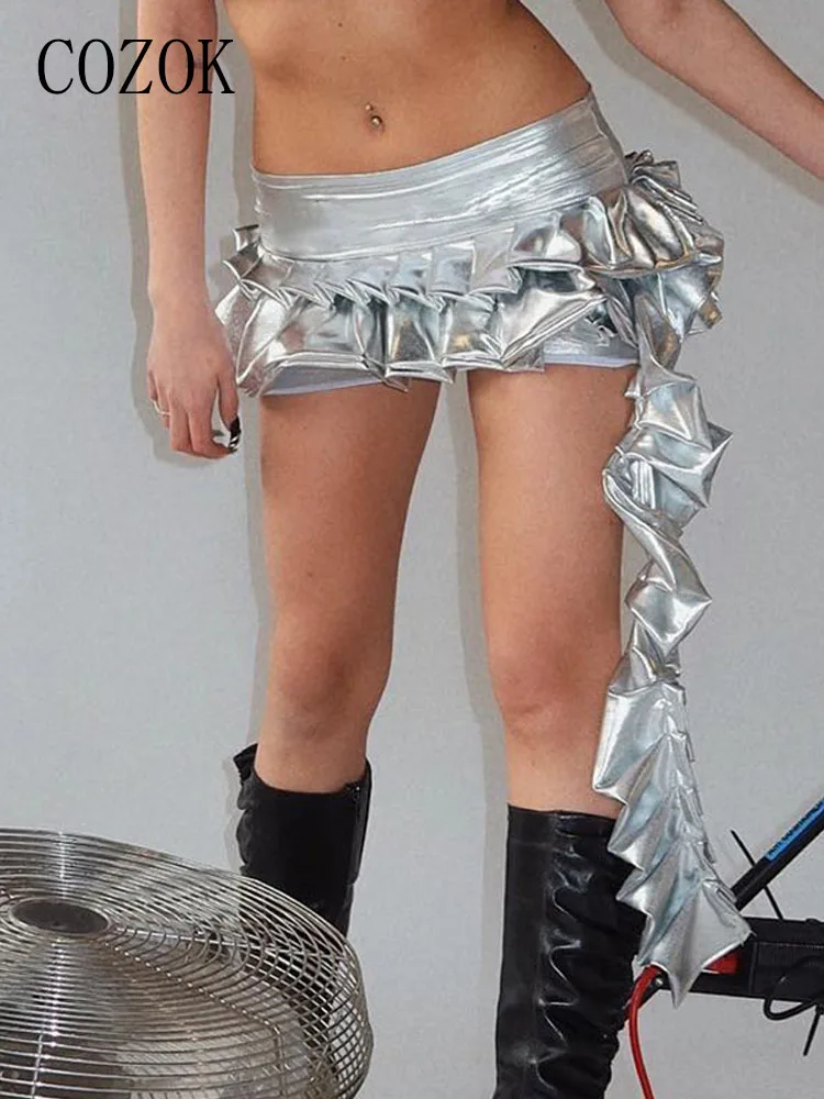 

Cozok Silver Ruffles Mini Skirts Women Night Clubwear Sexy Low Waist A-line Super-short Skirts Y2k Chic Rock Band Punk Clothes