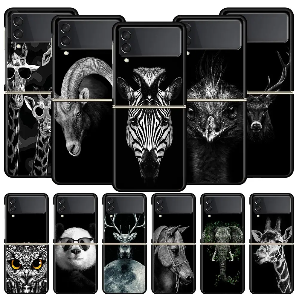 

Fashion Animals Horse Deer Giant Panda Phone Case for Samsung Galaxy Z Flip 3 4 5G Black Folding Mobile Shell Hard Protect Cover