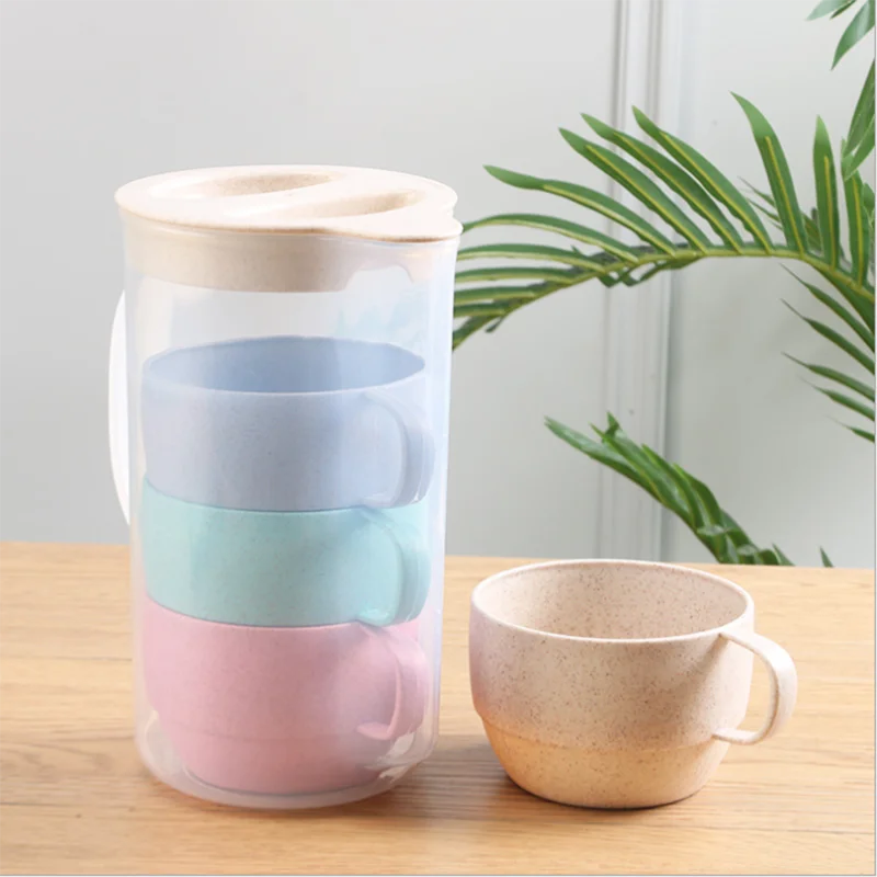 Reusable Eco Friendly Plastic Biodegradable Wheat Straw Cup Drinking Cup Set Drinking Kettle Portable Kettle Set Picnic Sharing