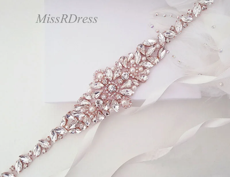 

MissRDress Rhinestones Wedding Belt Handmade Pearls Bridal Sash Rose Gold Crystal Bridal Sash Belt For Wedding Prom Gown JK858