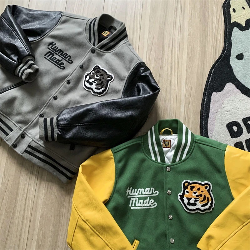 

Y2K HUMAN MADE Embroidery Towel Tiger Varsity Baseball Jackets Men Women High Quality Patckwork Leather Sleeve Jacket Coat