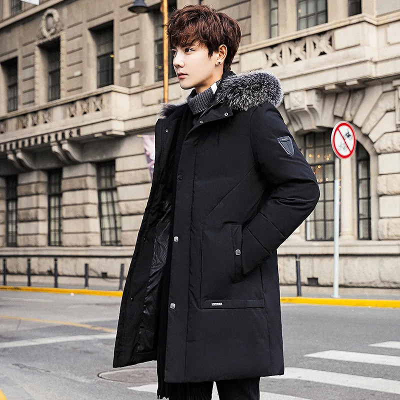 Autumn/Winter 2022 Men's long Down jacket 100% white eiderdown hooded large fur collar fashion youth coat