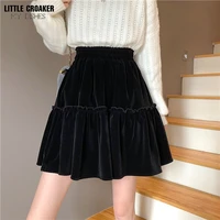 black velvet mini skirt womens autumn winter 2022 new high waist a line pleated mini skirt fluffy skirt fashion clothing