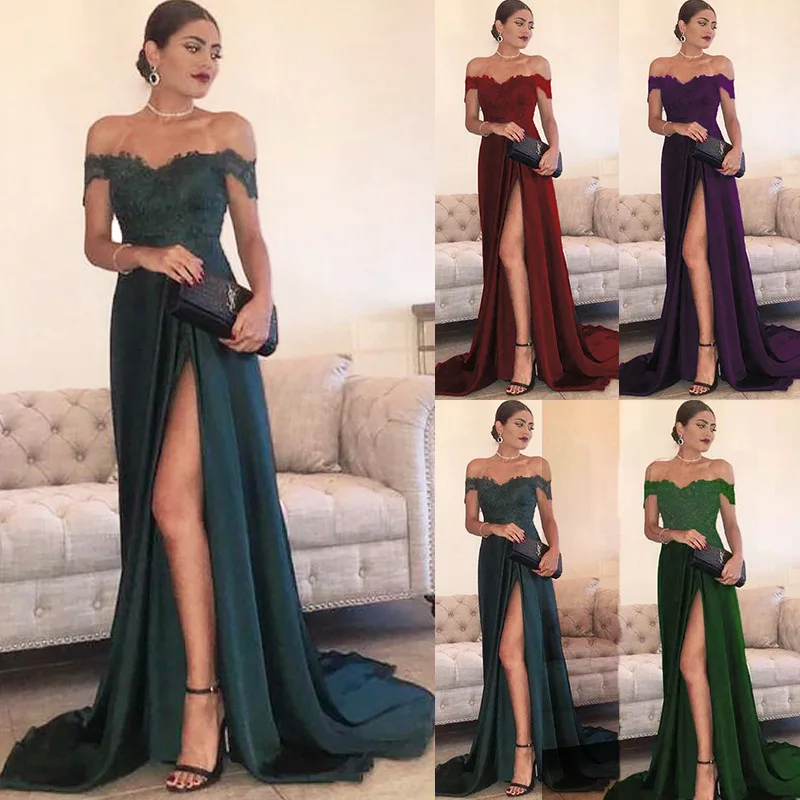 

2022 Spring And Summer Women Sexy Off Shoulder Lace Split Floor Length Dress