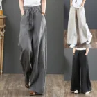 Винтажные льняные широкие брюки с поясом на резинке, женские длинные брюки, летние однотонные повседневные свободные брюки, женская одежда в стиле бохо 2022