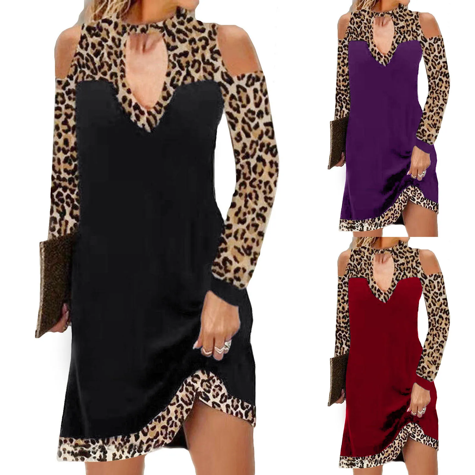 

Модные платья с леопардовым принтом, женское пикантное свободное контрастное прямое платье с открытыми плечами и длинным рукавом, повседне...