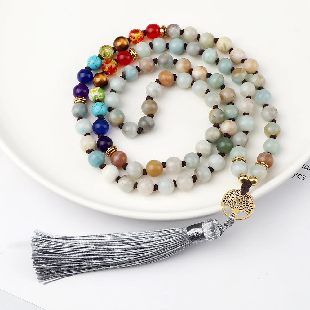 

Natural Stone Amazonite Round Beads Necklace Handmade 7 Chakra Life Tree Pendant 108Mala Necklace Fashion Women Men Yoga Jewelry