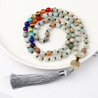 natural stone amazonite round beads necklace handmade 7 chakra life tree pendant 108mala necklace fashion women men yoga jewelry