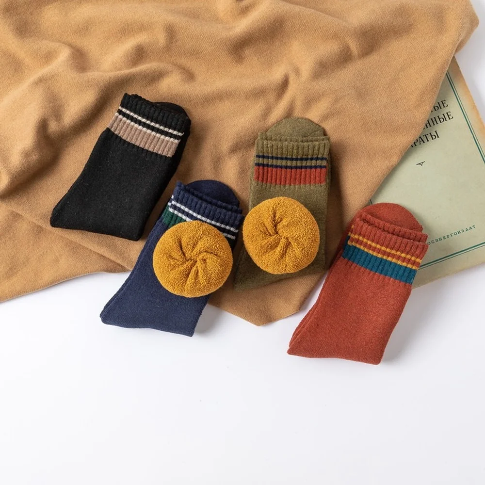 5 Pairs Autumn and Winter New Striped Colorful Terry Thickened Women Socks Retro Pure Color Ethnic Warm Rabbit Wool Socks
