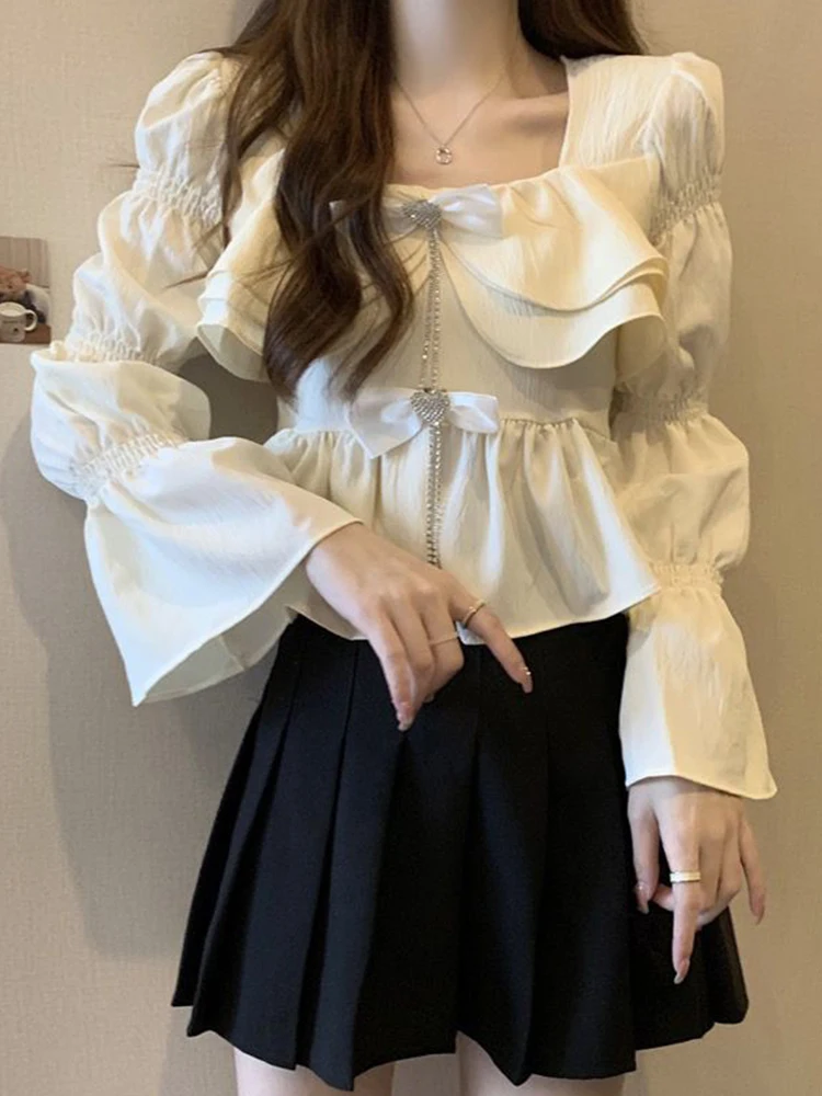 Женская блузка с оборками белый облегающий Топ во французском стиле бантом и