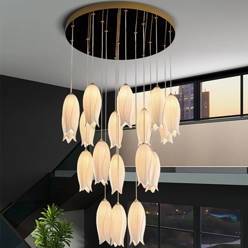 

Chandelier Led Art Pendant Lamp Light Room Decor Nordic Ceramic Tulip Staircase Bedside Restaurant Duplex Building Multi Heads