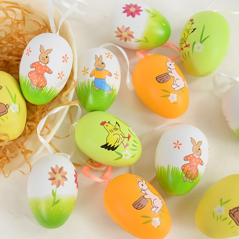 

12Pcs Colorful Easter Eggs Rabbit Chick Painted Hanging Pendant Kids Gift Happy Easter Party Decoration for Home DIY Crafts