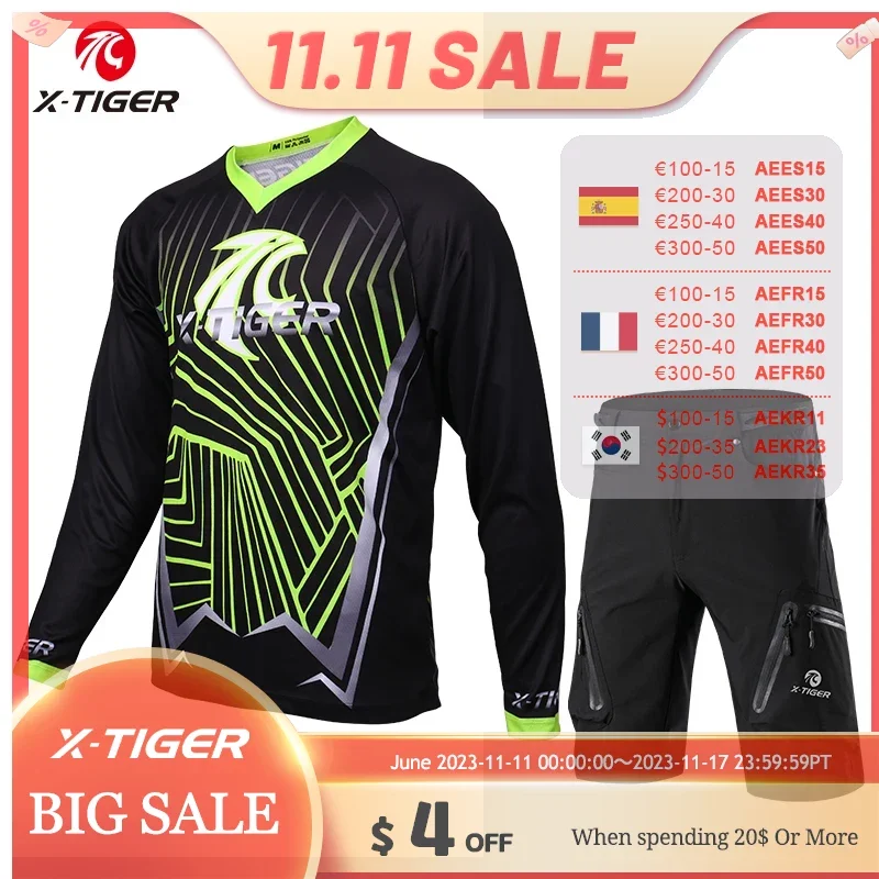 

Трикотажный комплект X-Tiger, из 100% полиэстера, с длинным рукавом, быстросохнущие, для езды на велосипеде, Осенние велосипедные шорты