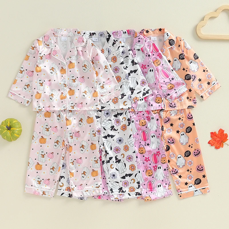 Женский атласный костюм с длинным рукавом VISgogo рубашка принтом Призрака и тыквы