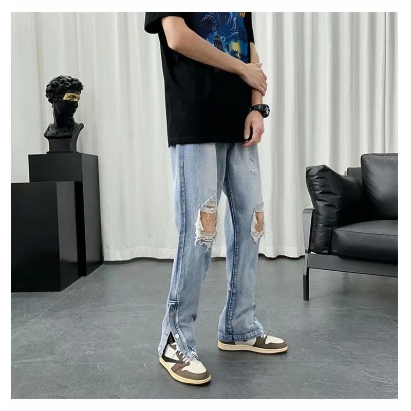 Summer Blue Black Ripped Jeans Men Slim Fashion Casual Straight Jeans Men Streetwear Hip Hop Hole Denim Pants Mens Trousers