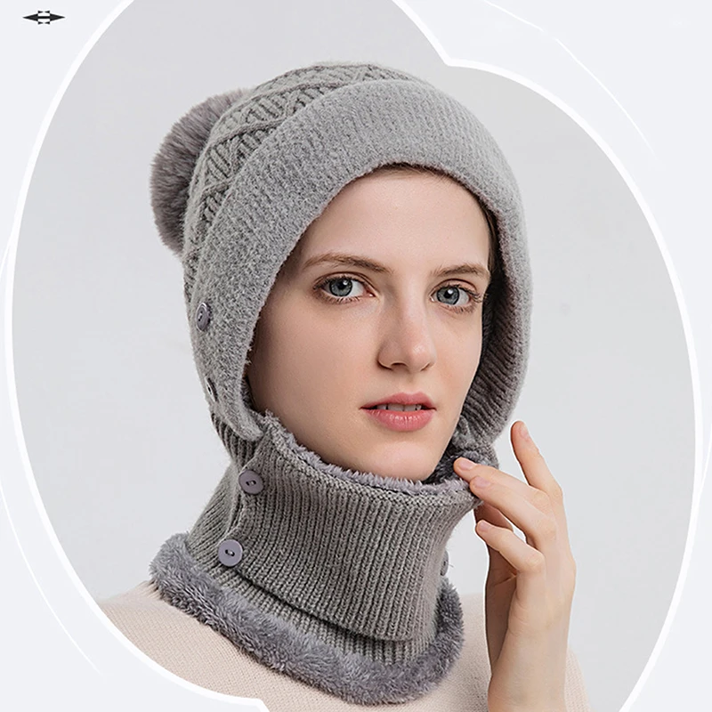 

Autumn And Winter Hat Scarf Integrated Women's Warm Knitted Hat Cycling Plush Pullover Hat Windproof Ear Protection Wool New