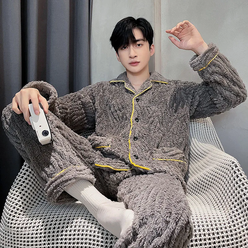 QUHENG 2022 Winter Coral Fleece Winter Men's Pajamas Set Thicken Warm Homewear Set Long Sleeve Trousers Home Clothes Nightwear