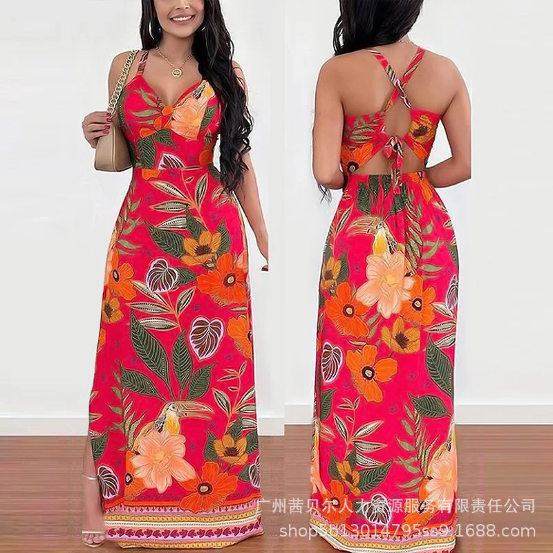 

Tropical Print Crisscross Maxi Dress 2023 Backless New Summer Women Sling Dress V Neck Long Dresses Floral High Waist Vestidos
