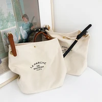 women canvas shopper bag with leather shoulder strap cotton cloth large tote shopping bag korean casual letters print handbag