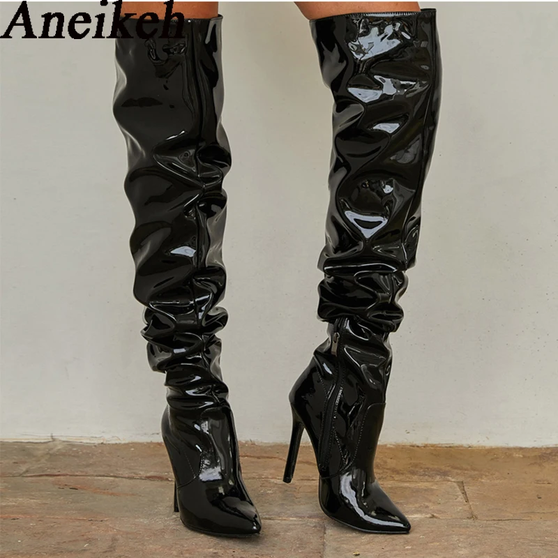 

Aneikeh Boots Female Women Shoes Heels Fashion Solid Patent Leather Over The Knee Chelsea Boots Sexy Thin High Heel Side Zippers