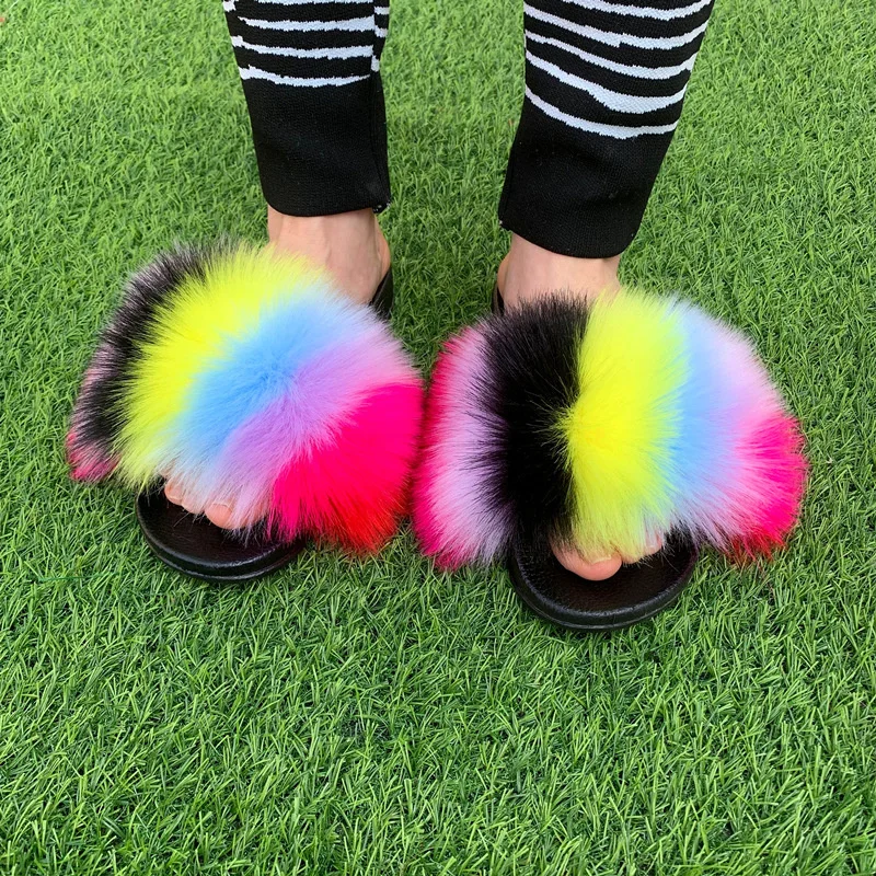 2022 Summer Womens Plush Fluffy Sandals Real Faux Fur Slippers Women Flat Slides Home Flip Flops Female Slipper Sapato Feminino