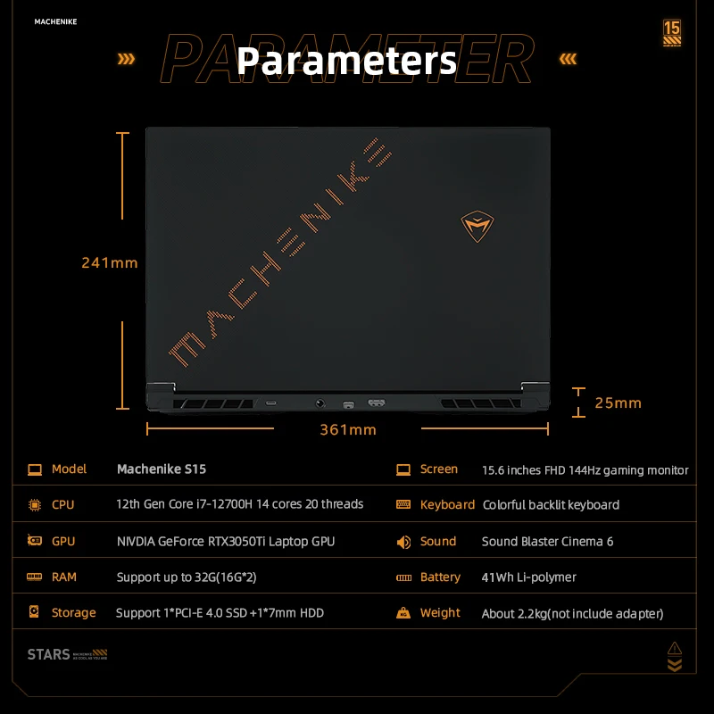 Игровой ноутбук Machenike S15 Core i7 12700H RTX3050Ti 144 Гц 15 6 дюймов FHD 16 ГБ 512 SSD ноутбуки