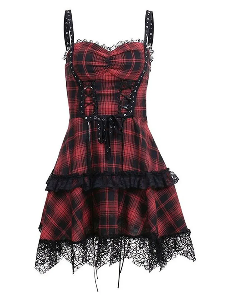

Sling Y2k Gothic Women Red Lolita Dress Lace Trim High Waist Bodycon Mini Dress E-girl Vintage Punk Harajuku Sundress Clothes