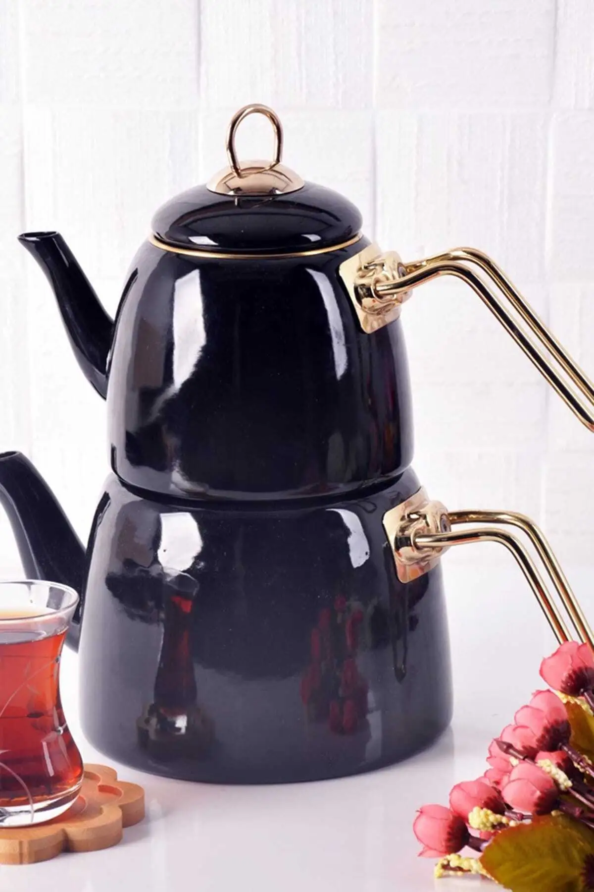 

Enameled Black Teapot Teapot Set Traditional Turkish Tea Brewing Kitchen Tools