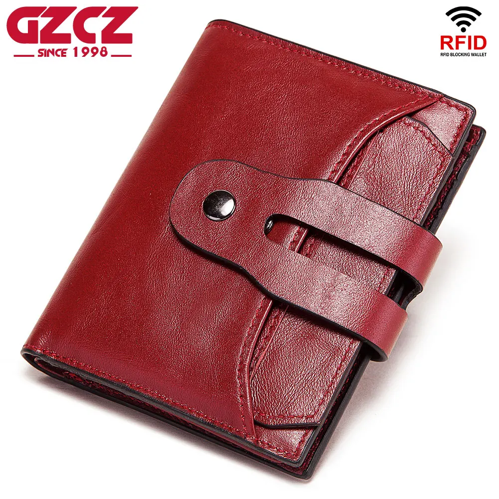 

Short Genuine Leather Women Wallet Female Red Color Coin Purse Lightweight RFID Blocking Card Holder With Zipper Coin Pocket