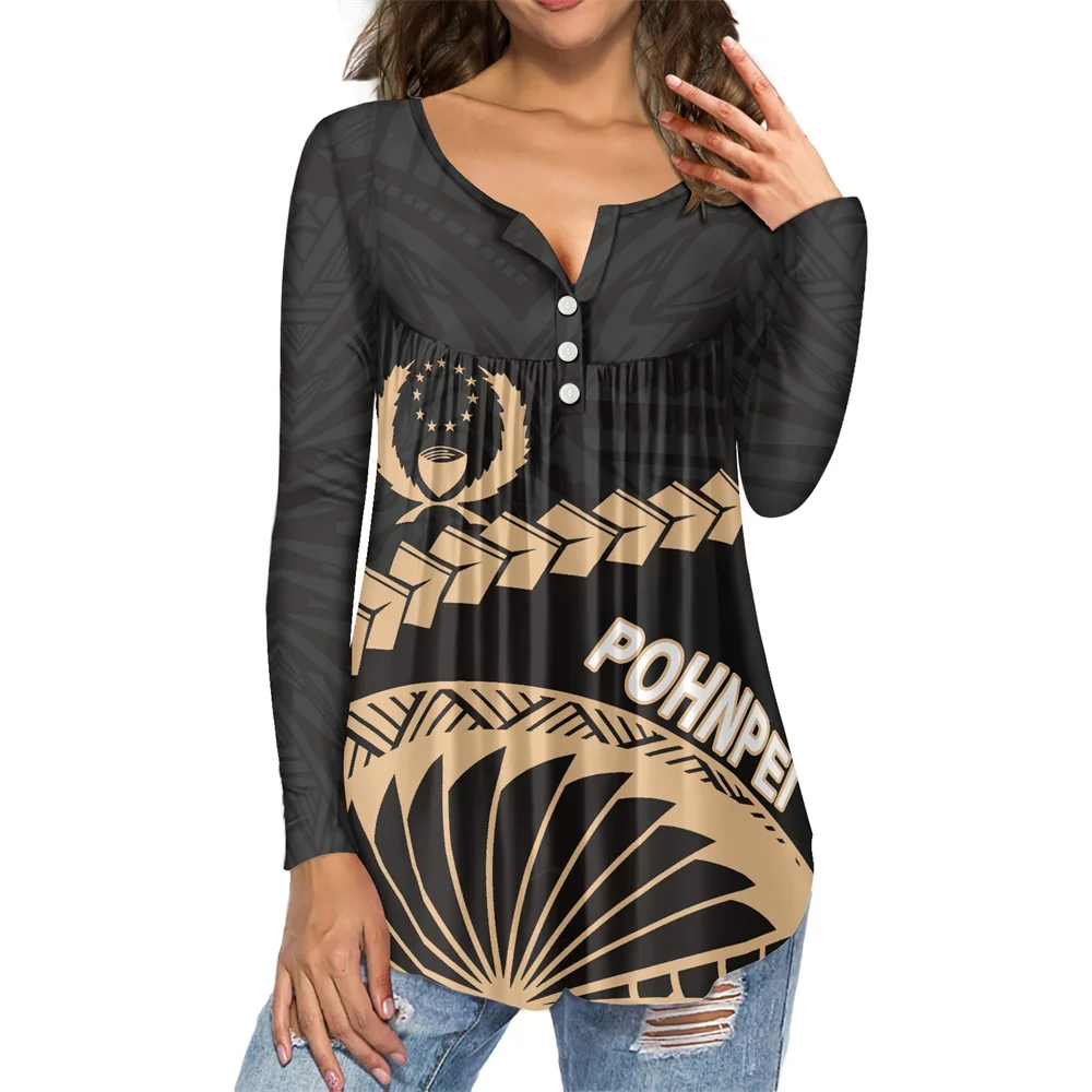 

High Quality Polynesian Tribal Samoa Pohnpei Islands Flower Print Blouses Autumn Custom Women Long Sleeve Shirts Ruffle T-shirt
