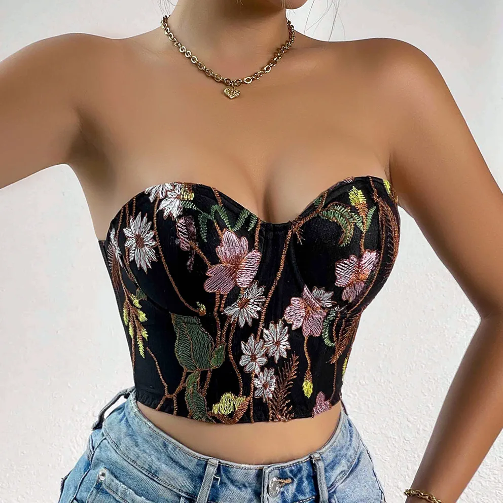 

Fashion Embroidery Sleeveless Off Shoulder Deep V Sexy Corset Crop Tops Vest Push Up Bra Female Underwear Backless Bustier Tops