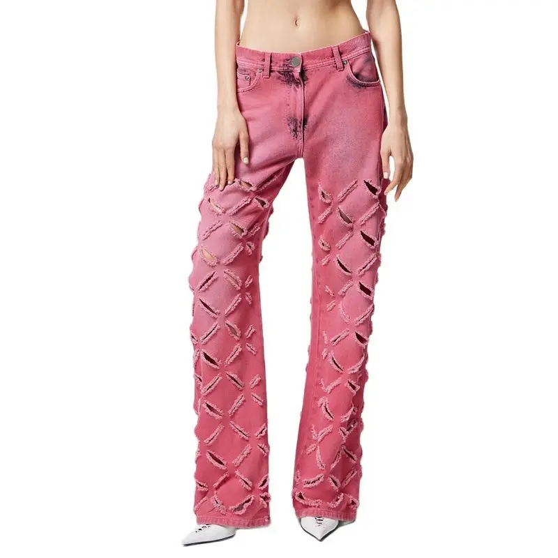 

Подиумные прямые джинсы 2 цветов для женщин, джинсовые брюки с водяным вырезом, универсальные джинсы с отверстиями, модный процесс цвета, новая уличная одежда 23