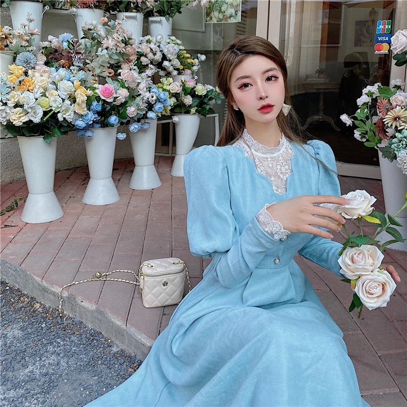 

Однотонное элегантное платье, Женское зимнее лоскутное кружевное платье средней длины, женское повседневное милое корейское платье во французском стиле, 2023