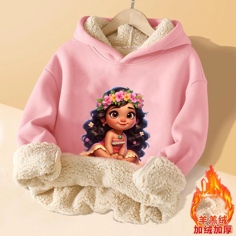 Moana 2 Kids Sweatshirt Autumn Winter Hooded Soft Fleece Thick Lambswool Clothes Ainme Disney Princess New Movie Clothing Gift