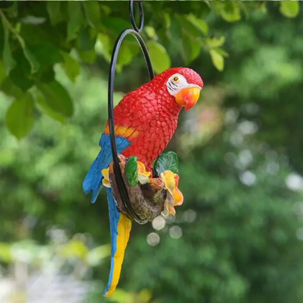 

Resin Vivid Hanging Parrot Figurines Perch on Metal Ring Lawn Ornament