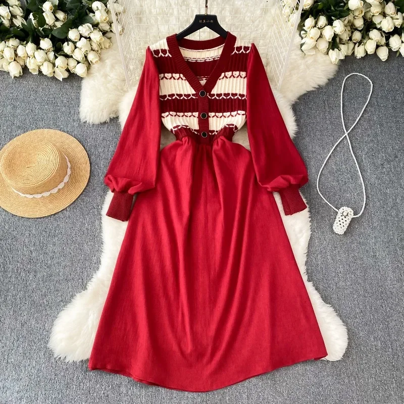 

Striped Knitted Stitching Corduroy Long Dress Autumn Winter New Korean Retro V-neck Dress Women Inner Waisted Sweater Dress