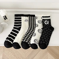 medium tube socks womens smiling face woman clothes cute kawaii stockings harajuku fashion black and white check thin style