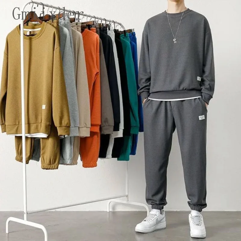 

Waffle Suit Men Autumn New Casual Sports Long Sleeved Thin Sweatshirt and Pants Two-piece Set Trendy Handsome Hip Hop Tracksuits