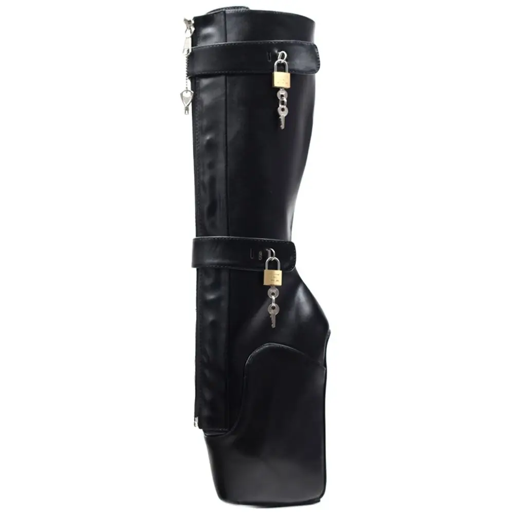Knee-High 18CM High Heel Ballet Boots Lockable YKK Zipper Strange Wedge Heelless Boots With Locks