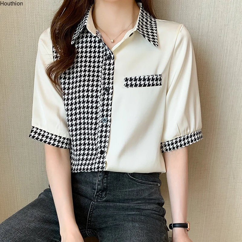 

Women's Blouses Chiffon Casual Polo Shirt Korean Loose Fashion Splicing Summer Lady Short Sleeve Top