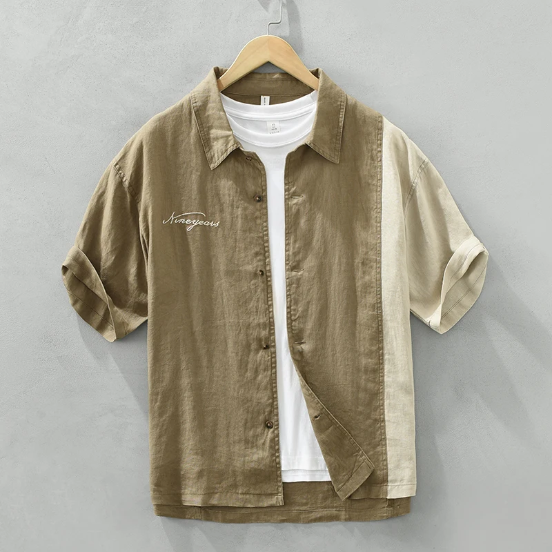 

Рубашка мужская с коротким рукавом, Льняная блуза в стиле пэчворк, модный топ с вышивкой надписью, лето 2023