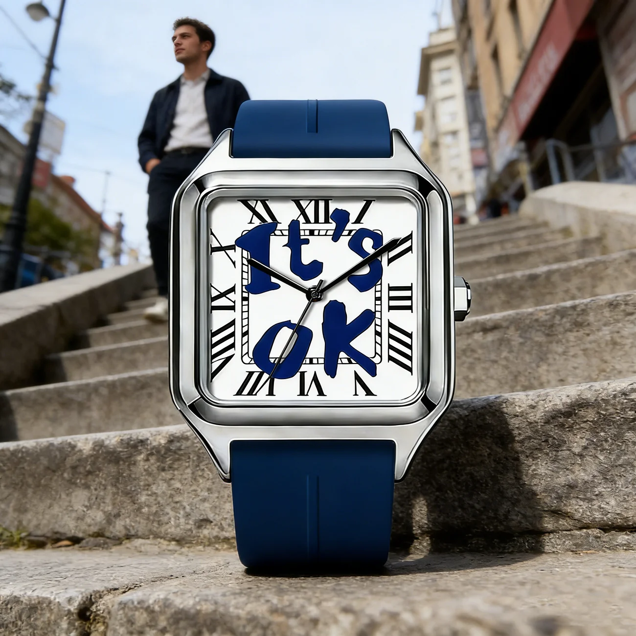 Фото Мужские кварцевые часы It's Ok Business из нержавеющей стали с квадратным циферблатом, силиконовым ремешком, водонепроницаемые, легкие, роскошные наручные часы №4